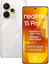 realme 15 pro 5G Smartphone 8GB RAM 256GB ROM Snapdragon 7 Gen 4, 6.8 Inch Display 144Hz, 7000mAh Battery 80W Fast Charge IP69 Waterproof 4K AI Camera Silver